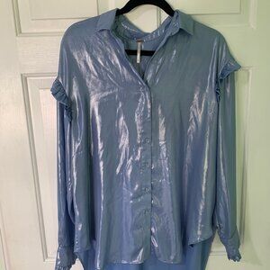 Free People Metallic Blue Satin Ruffle Blouse – Y2K, Office Siren, Size [S]
